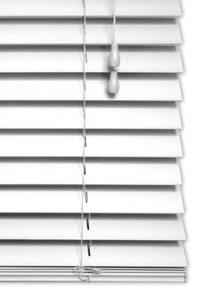 Fauxwood Standard Drop White Venetians with Strings