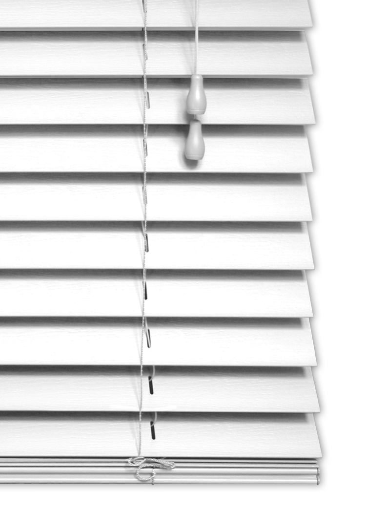 Fauxwood Standard Drop White Venetians with Strings